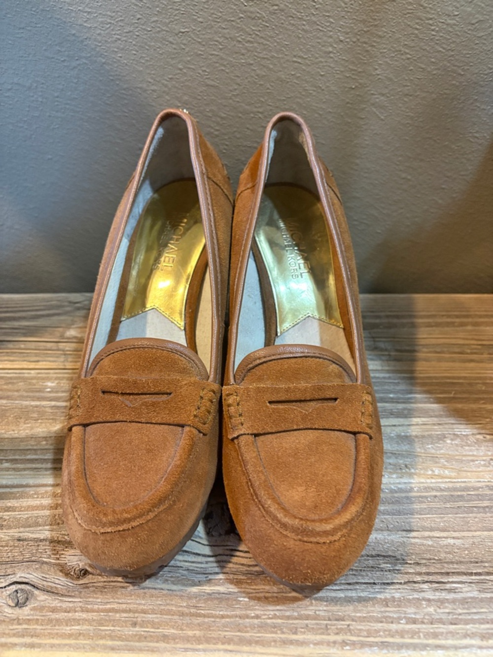 Michael Kors Suede Penny Loafers in Camel
